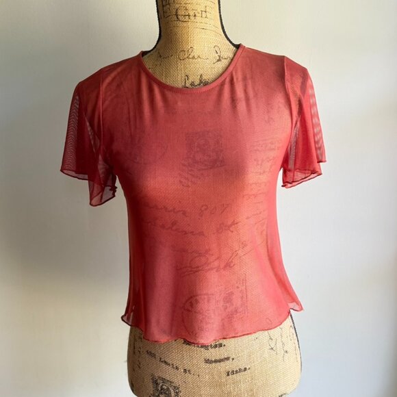 Blue Blush • Red Rust Orange Sheer Mesh Cropped Top | Women’s S/M - Picture 6 of 10